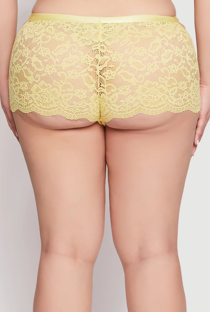 Womens Plus Size Lace Caged Side Boyshort Panty, Yellow, Size 3X