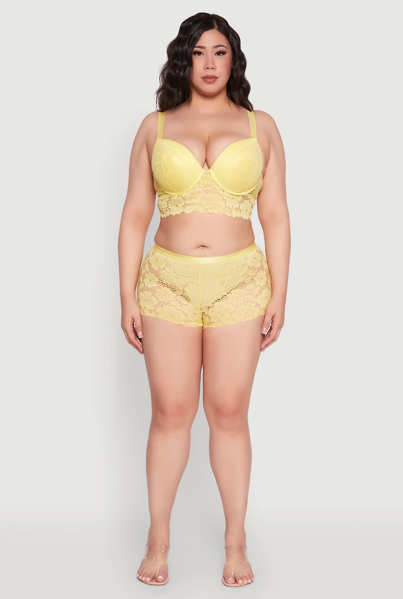 Womens Plus Size Caged V Back Floral Lace Boyshort Panties, Yellow, Size 3X