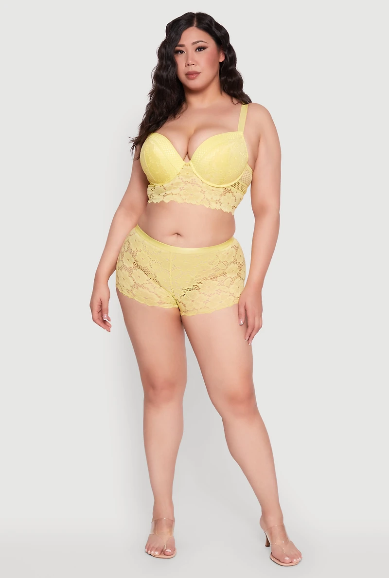Womens Plus Size Caged V Back Floral Lace Boyshort Panties, Yellow, Size 3X
