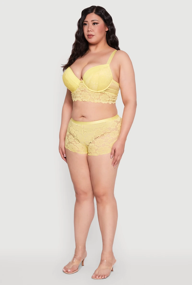 Womens Plus Size Caged V Back Floral Lace Boyshort Panties, Yellow, Size 3X