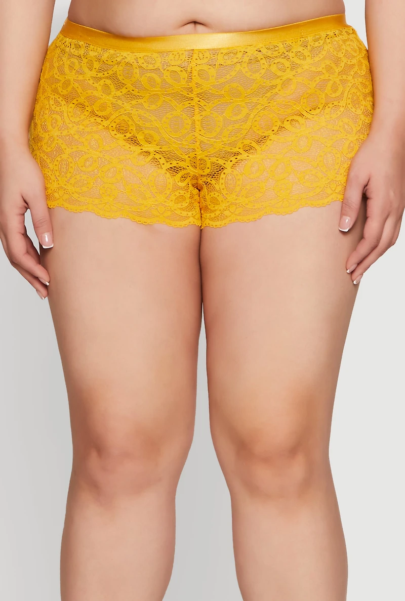 Womens Plus Size Trendy Lace Boyshort Panties, Yellow, Size 3X
