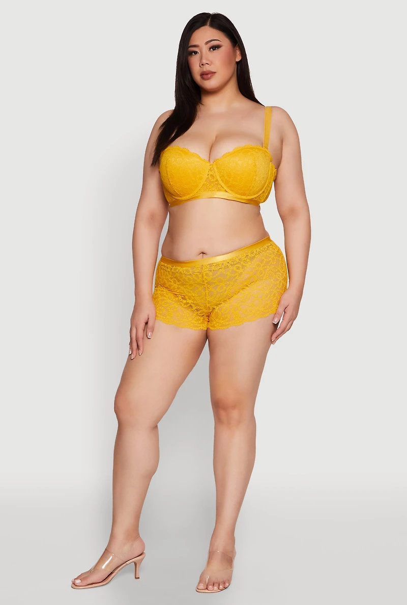Womens Plus Size Trendy Lace Boyshort Panties, Yellow, Size 3X