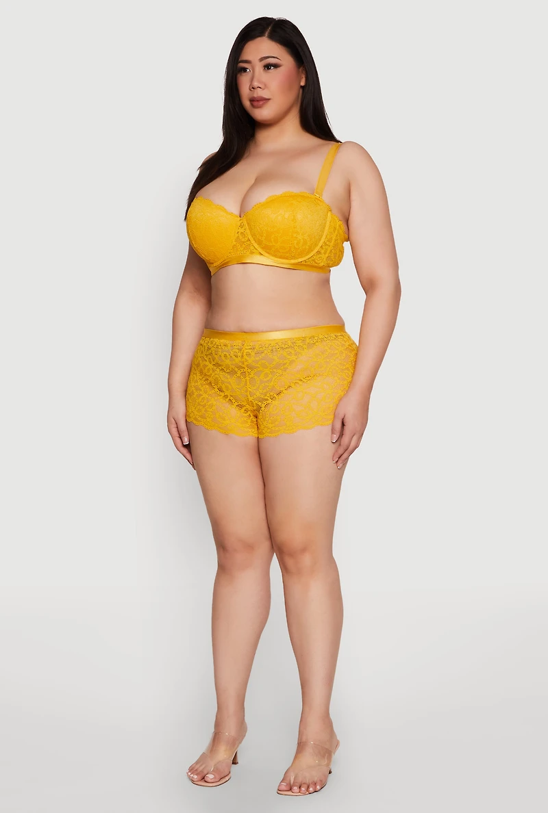 Womens Plus Size Trendy Lace Boyshort Panties, Yellow, Size 3X