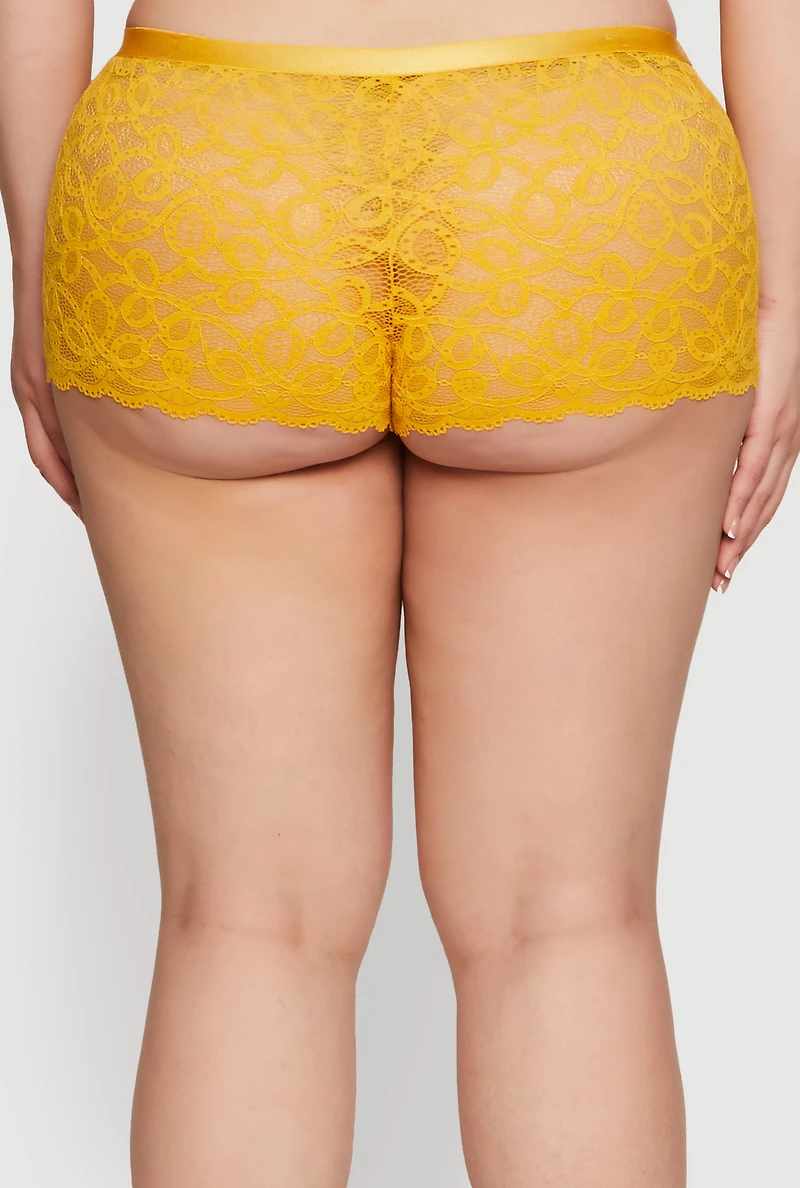 Womens Plus Size Trendy Lace Boyshort Panties, Yellow, Size 3X
