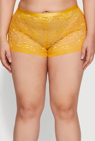 Womens Plus Size Caged V Back Scalloped Lace Boyshort Panty, Yellow, Size 3X
