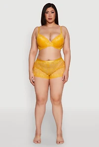 Womens Plus Size Caged V Back Scalloped Lace Boyshort Panty, Yellow, Size 3X