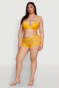 Womens Plus Size Caged V Back Scalloped Lace Boyshort Panty, Yellow, Size 3X