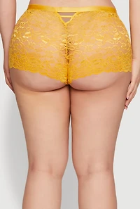Womens Plus Size Caged V Back Scalloped Lace Boyshort Panty, Yellow, Size 3X