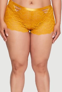 Womens Plus Size Lace Studded V Caged Detail Boyshort Panty, Yellow, Size 1X