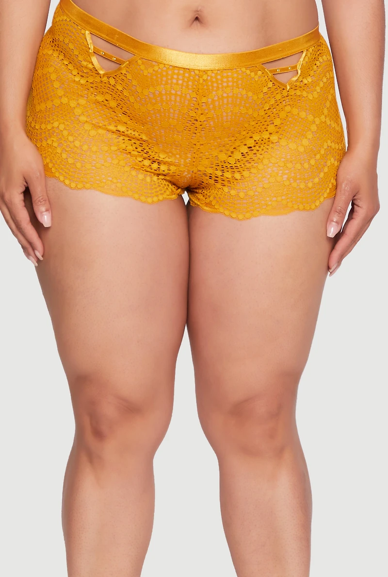Womens Plus Lace Studded V Caged Detail Boyshort Panty, Yellow,