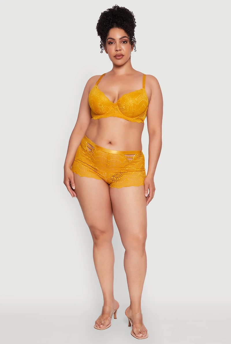 Womens Plus Size Lace Studded V Caged Detail Boyshort Panty, Yellow, Size 2X