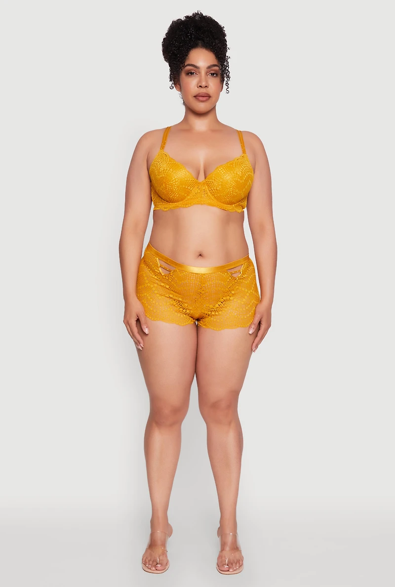 Womens Plus Size Lace Studded V Caged Detail Boyshort Panty, Yellow, Size 1X