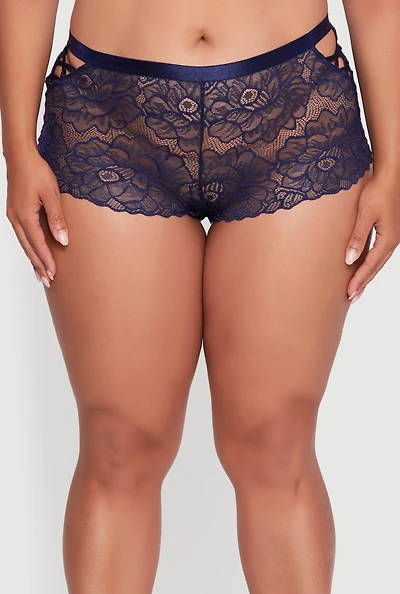Womens Plus Size Floral Lace Caged Side Boyshort Panty, Blue, Size 1X