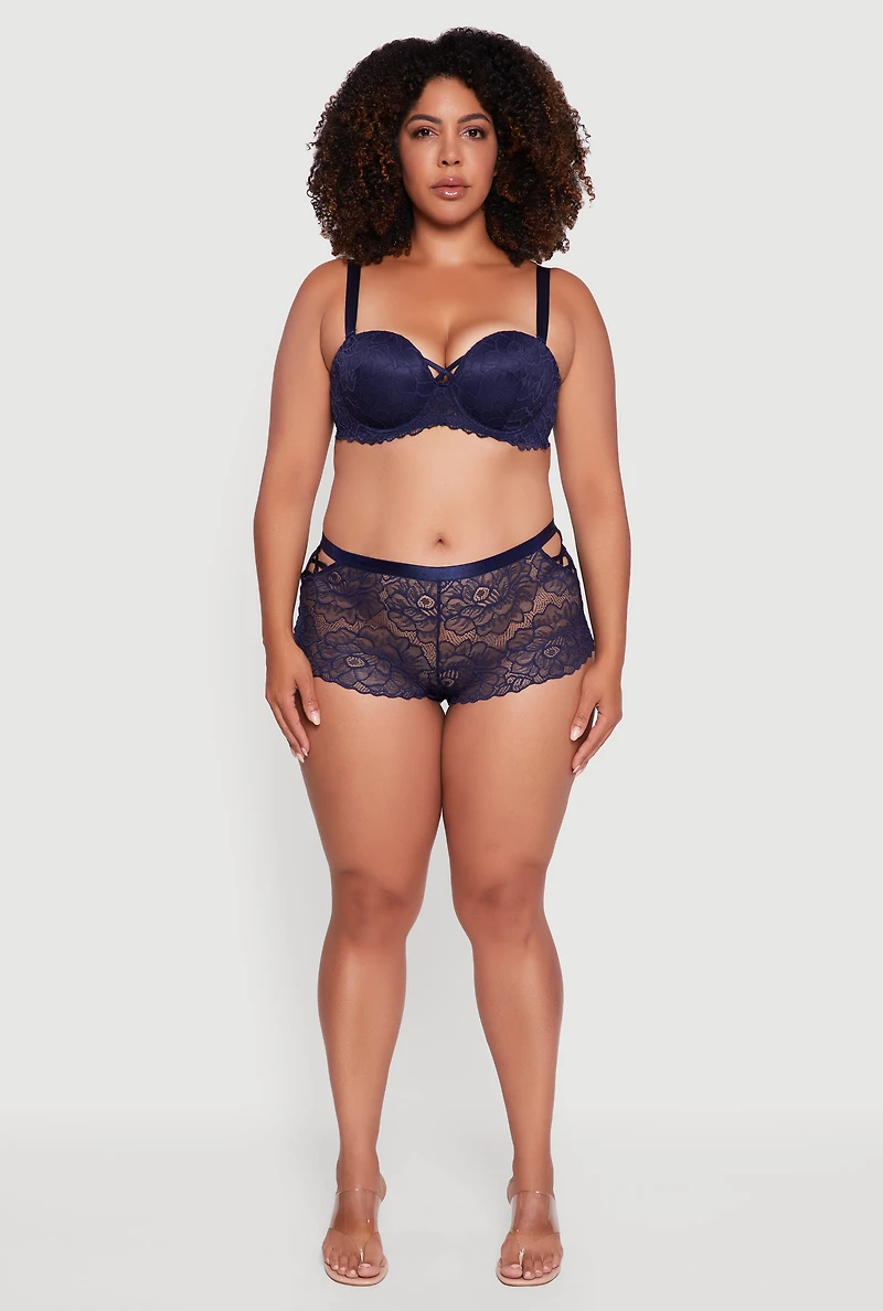 Womens Plus Size Floral Lace Caged Side Boyshort Panty, Blue, Size 1X