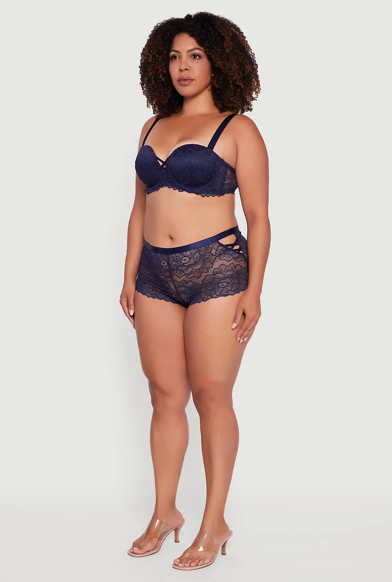 Womens Plus Size Floral Lace Caged Side Boyshort Panty, Blue, Size 1X