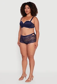 Womens Plus Size Floral Lace Caged Side Boyshort Panty, Blue, Size 1X