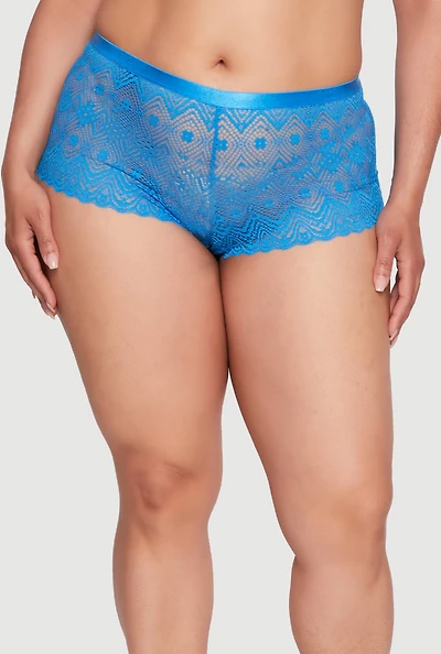 Womens Plus Size Floral Lace Boyshort Panty, Blue, Size 3X