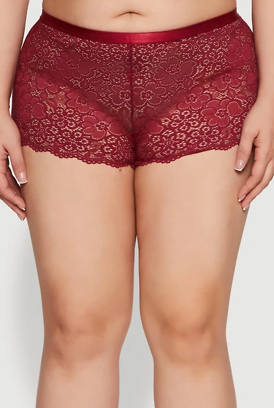Womens Plus Size Poppy Floral Lace Boyshort Panty, Red, Size 2X