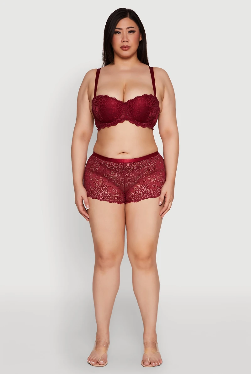 Womens Plus Size Poppy Floral Lace Boyshort Panty, Red, Size 2X