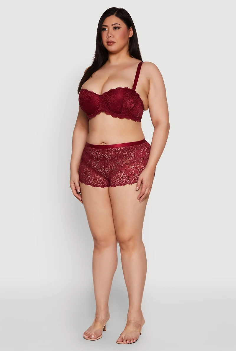 Womens Plus Size Poppy Floral Lace Boyshort Panty, Red, Size 2X