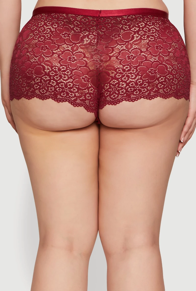 Womens Plus Size Poppy Floral Lace Boyshort Panty, Red, Size 1X