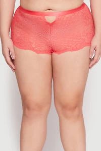 Womens Plus Scallop Trim Caged V Lace Boyshort Panty, Red,