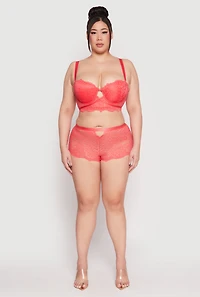 Womens Plus Scallop Trim Caged V Lace Boyshort Panty, Red,