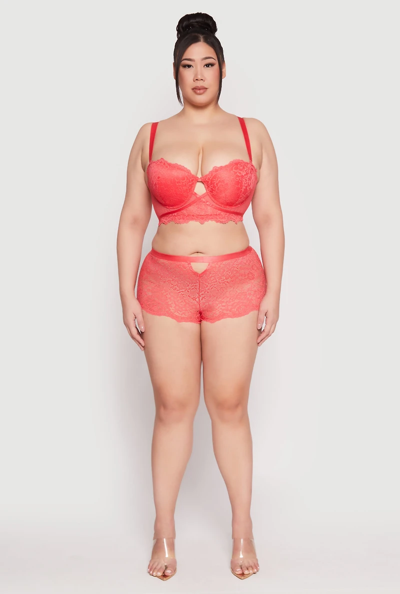 Womens Plus Size Scallop Trim Caged V Lace Boyshort Panty, Red, Size 2X