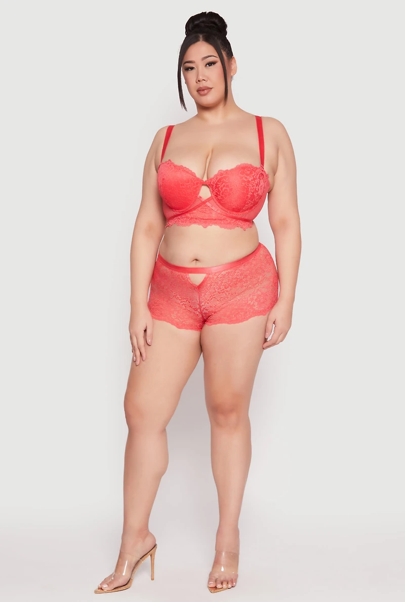 Womens Plus Size Scallop Trim Caged V Lace Boyshort Panty, Red, Size 2X