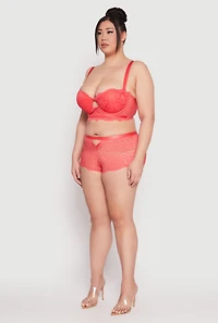 Womens Plus Size Scallop Trim Caged V Lace Boyshort Panty, Red, Size 2X