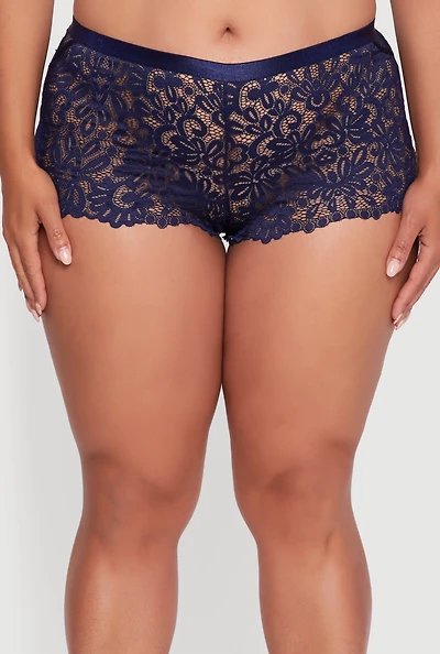 Womens Plus Size Abstract Floral Lace Boyshort Panty, Blue, Size 3X
