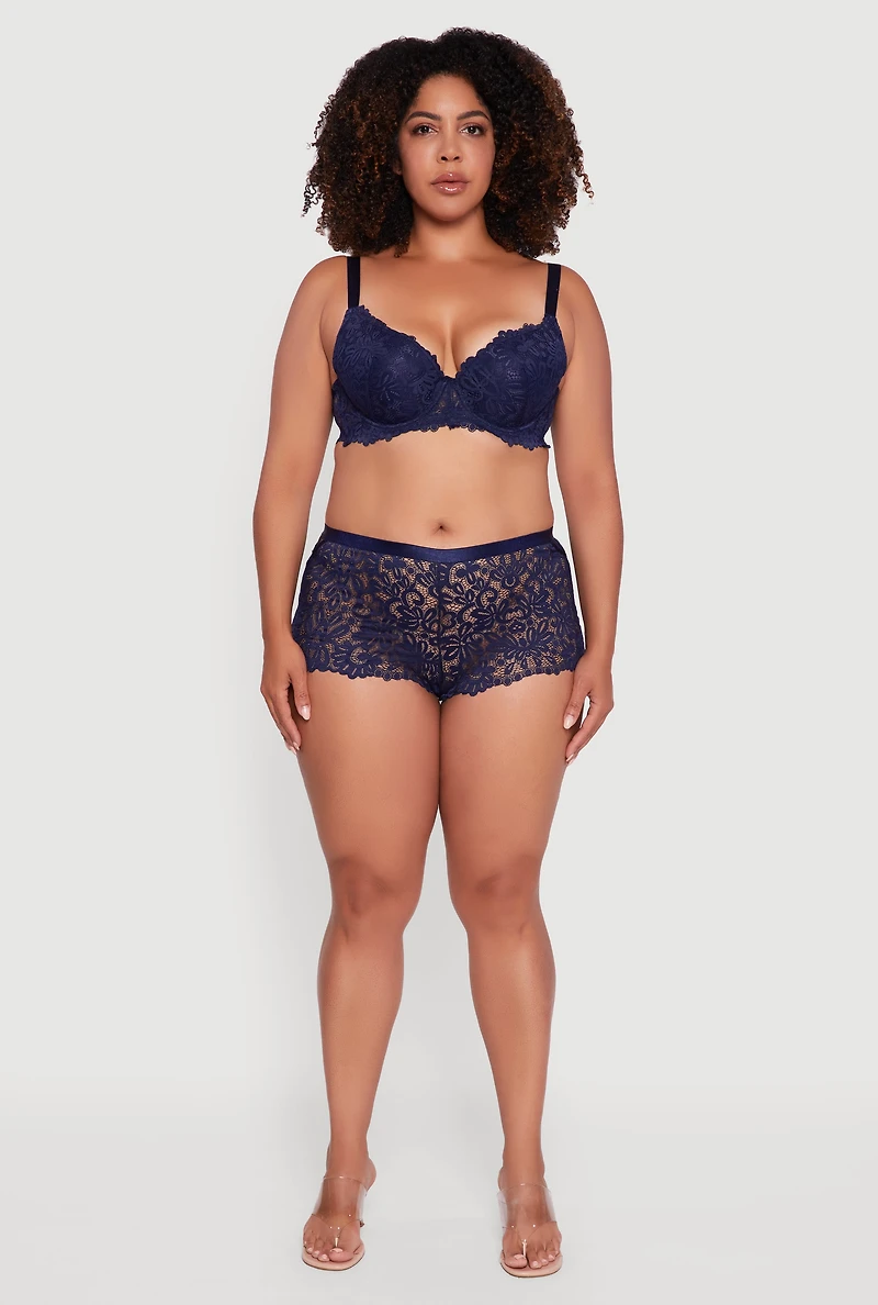 Plus Abstract Floral Lace Boyshort Panty