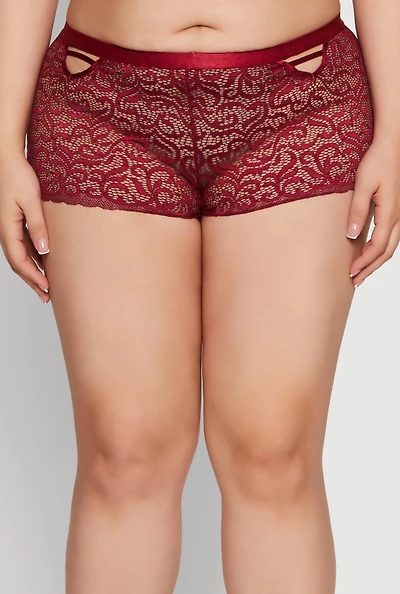 Womens Plus Size Swirl Lace Caged Front Boyshort Panty, Red, Size 2X