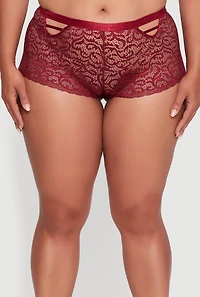 Womens Plus Size Swirl Lace Caged Front Boyshort Panty, Red, Size 1X