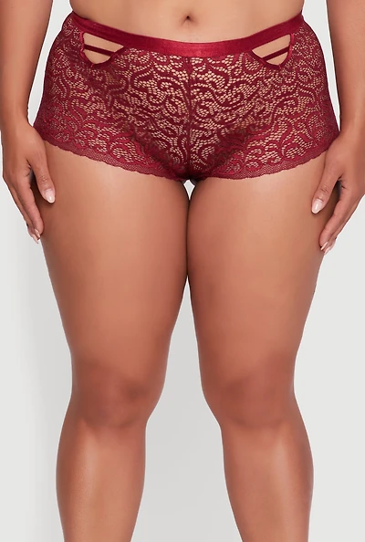 Womens Plus Size Swirl Lace Caged Front Boyshort Panty, Red, Size 1X
