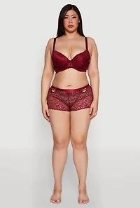 Womens Plus Size Swirl Lace Caged Front Boyshort Panty, Red, Size 3X