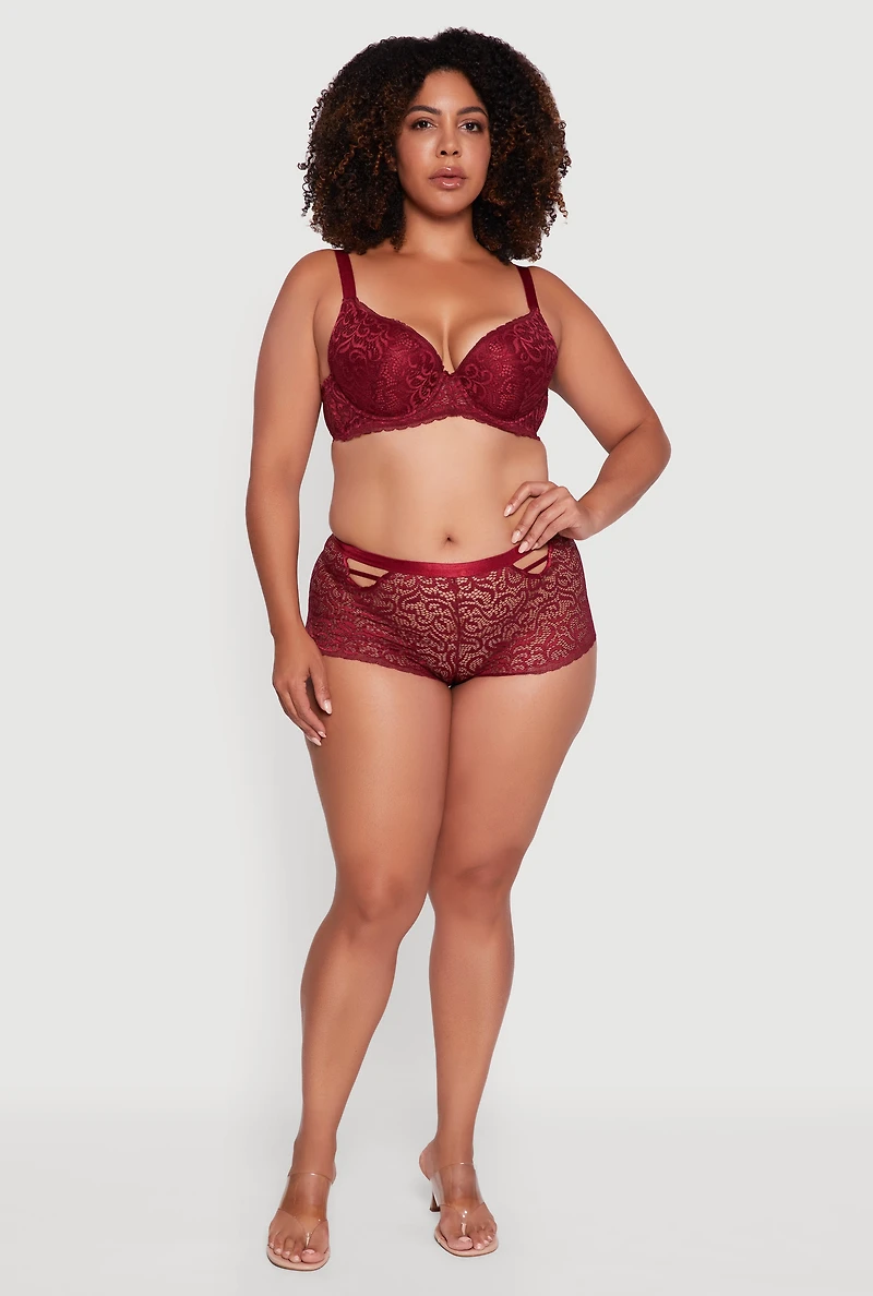 Womens Plus Size Swirl Lace Caged Front Boyshort Panty, Red, Size 3X