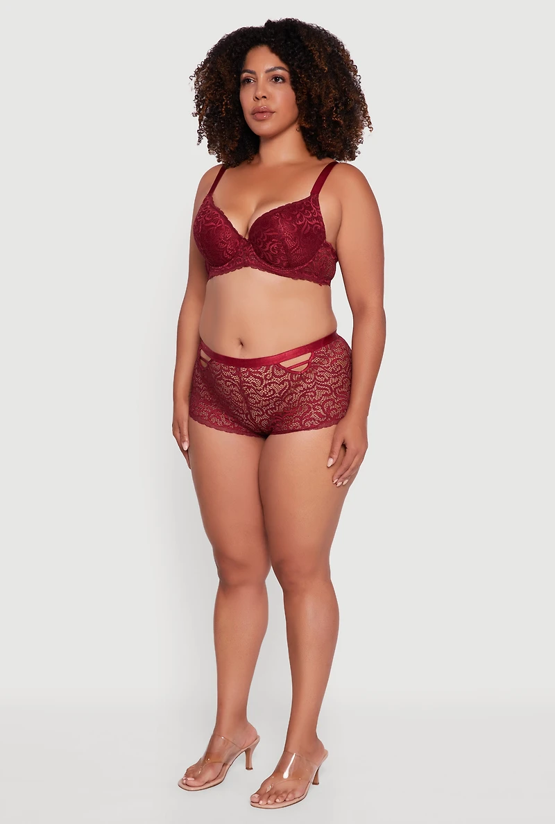 Womens Plus Size Swirl Lace Caged Front Boyshort Panty, Red, Size 1X
