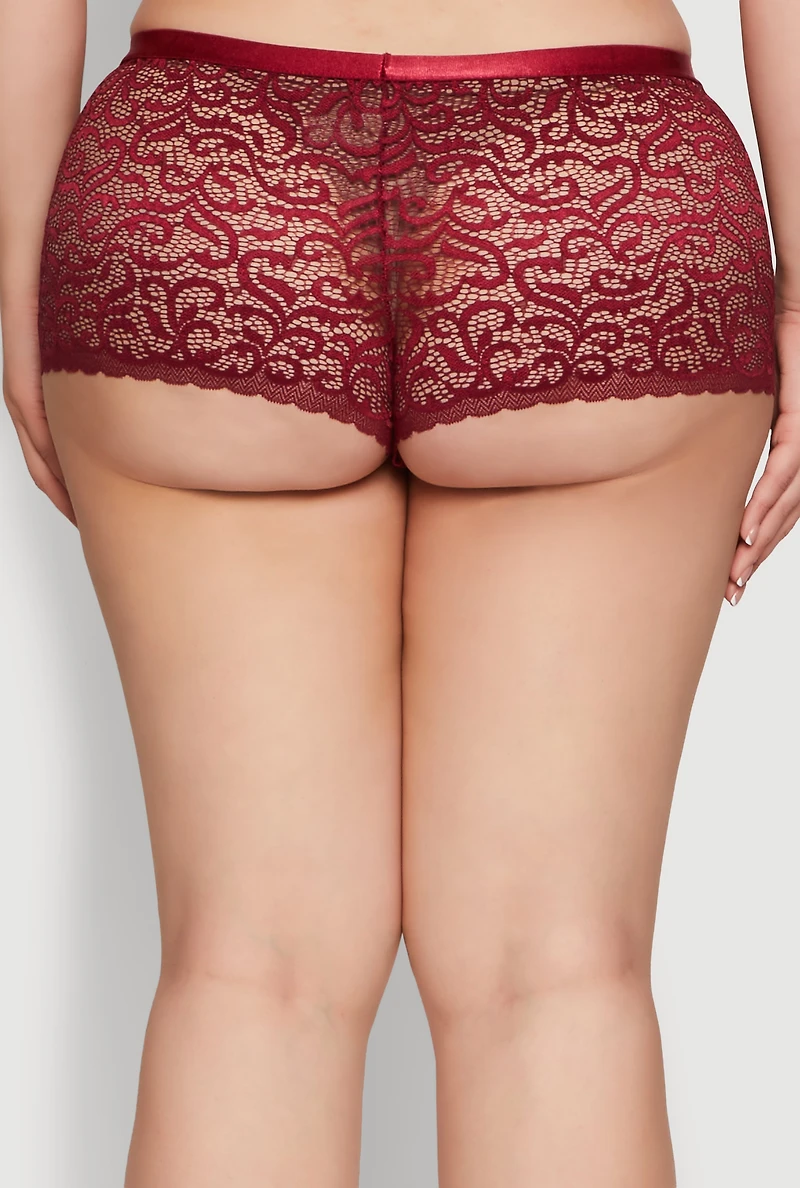 Womens Plus Size Swirl Lace Caged Front Boyshort Panty, Red, Size 3X