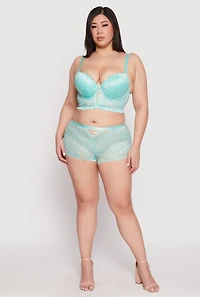 Womens Plus Size Caged Front Floral Lace Boyshort Panty, Green, Size 3X