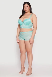 Womens Plus Size Caged Front Floral Lace Boyshort Panty, Green, Size 3X