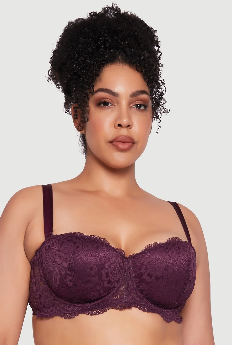 Womens Plus Size Lace Convertible Balconette Bra with Scalloped Hem, Purple, Size 44C