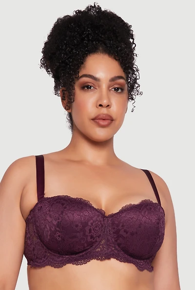 Womens Plus Size Lace Convertible Balconette Bra with Scalloped Hem, Purple, Size 44C