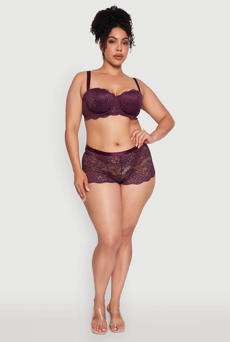 Womens Plus Size Lace Convertible Balconette Bra with Scalloped Hem, Purple, Size 44C