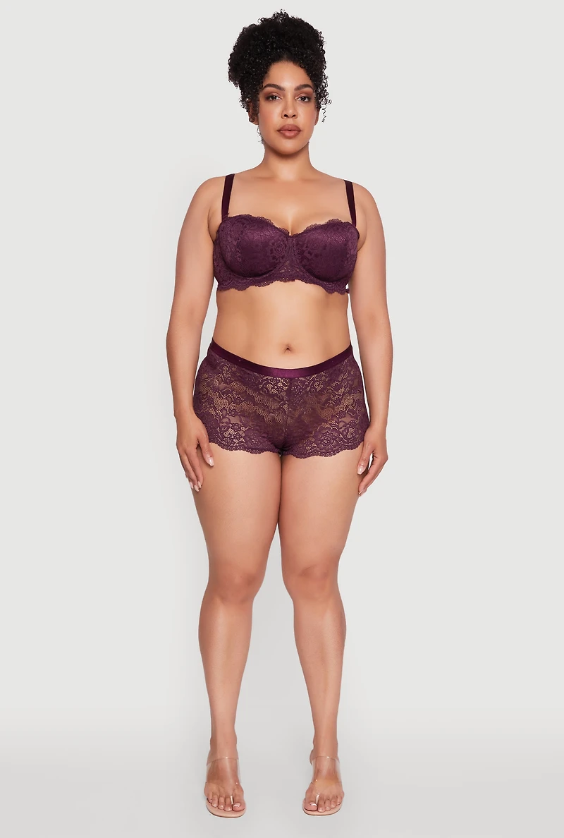 Womens Plus Size Lace Convertible Balconette Bra with Scalloped Hem, Purple, Size 44D