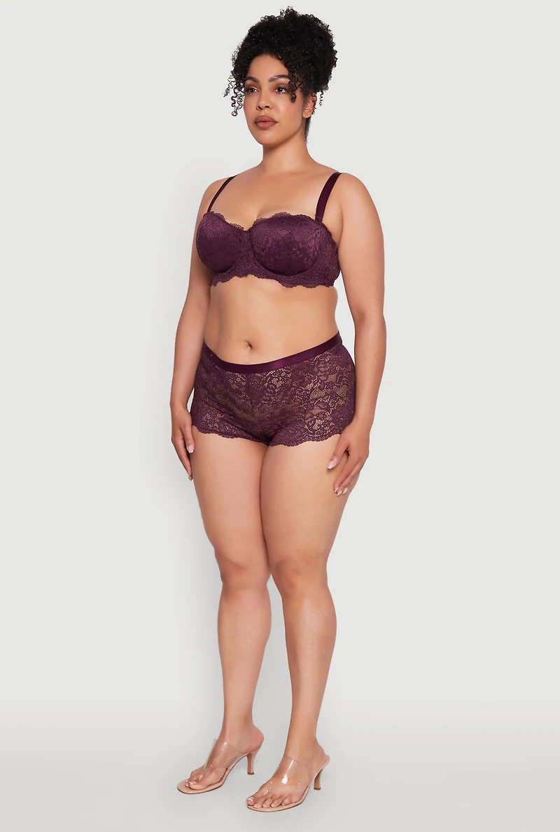 Womens Plus Size Lace Convertible Balconette Bra with Scalloped Hem, Purple, Size 44C