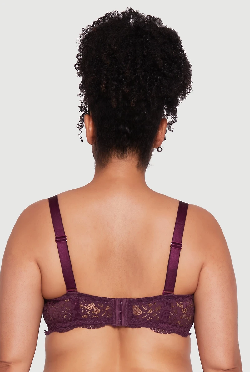 Womens Plus Size Lace Convertible Balconette Bra with Scalloped Hem, Purple, Size 44D