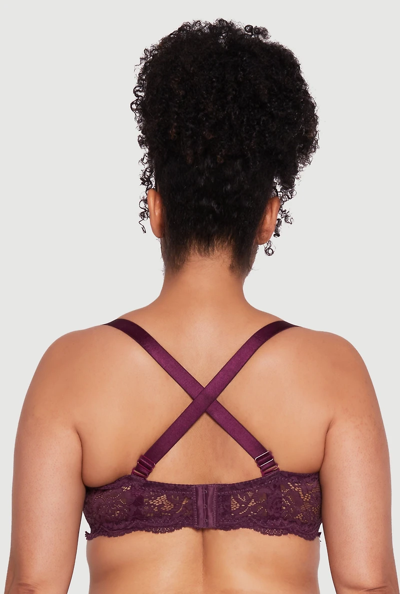 Womens Plus Size Lace Convertible Balconette Bra with Scalloped Hem, Purple, Size 44D