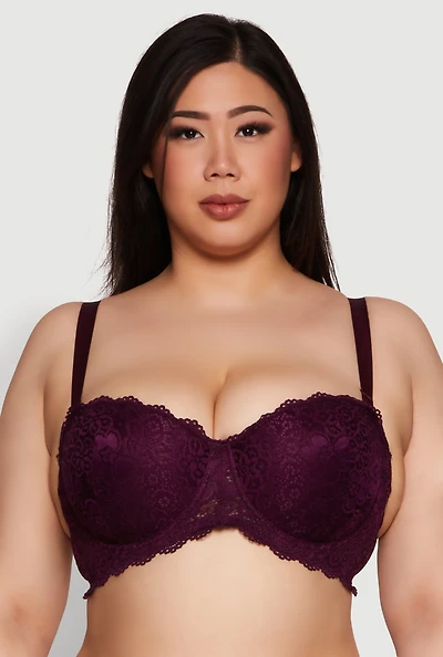 Womens Plus Size Scalloped Lace Convertible Strapless Bra, Purple, Size 44D