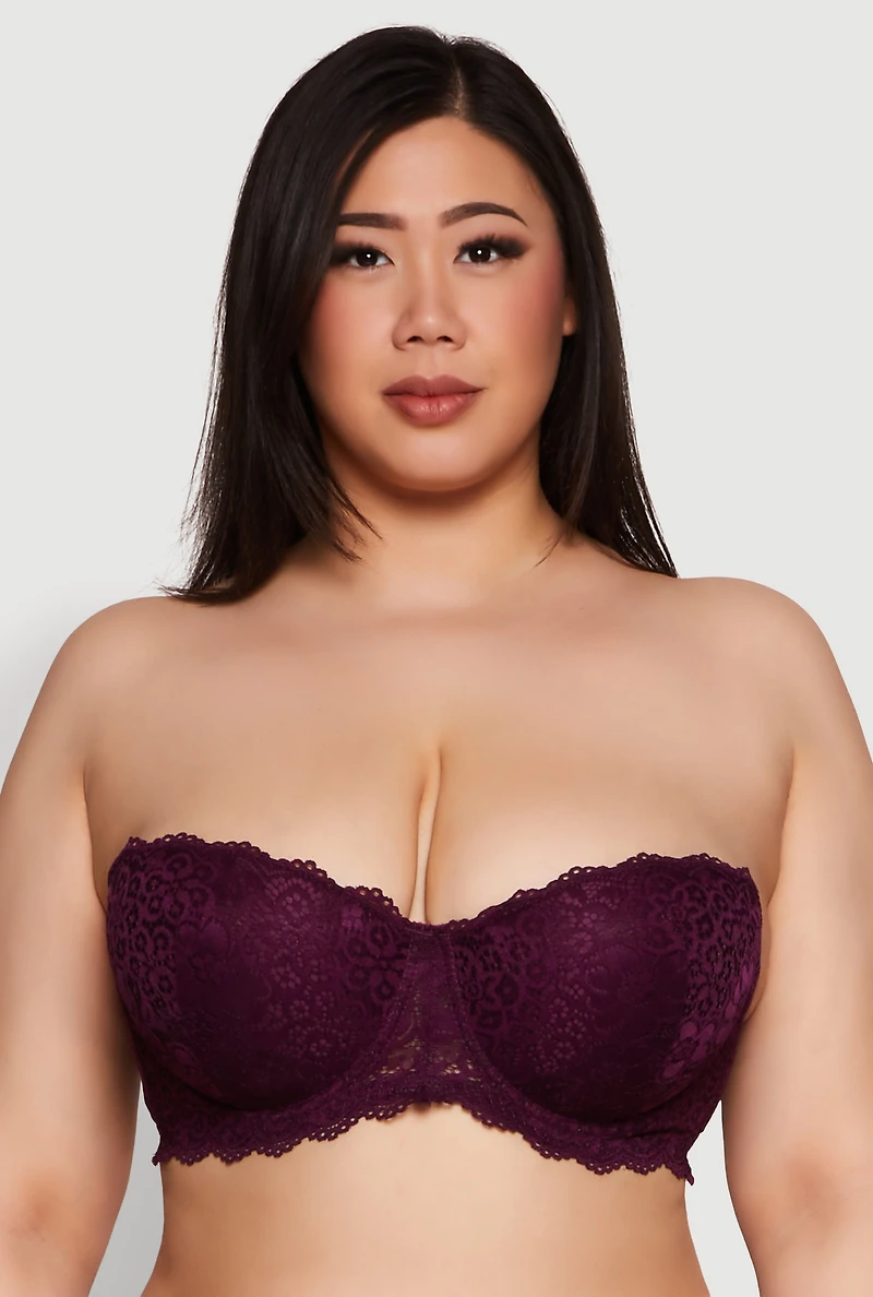 Womens Plus Size Scalloped Lace Convertible Strapless Bra, Purple, Size 44D